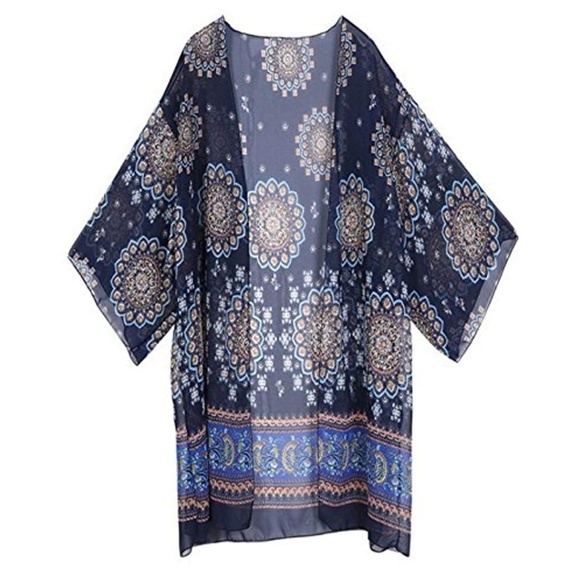 NEW Boho Chiffon Blue Kimono Swim Cover Up - Picture 5 of 5